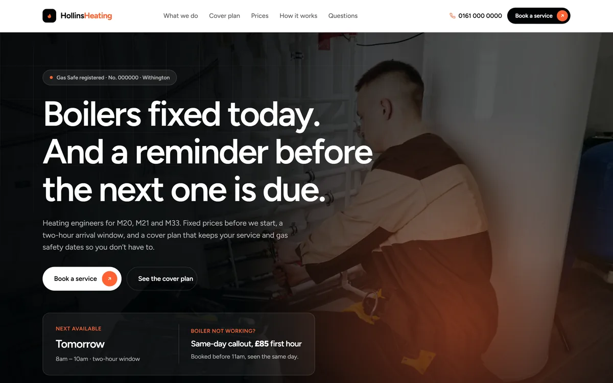 The Hollins Heating demo site homepage