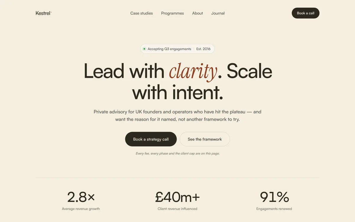 The Kestrel Advisory demo site homepage